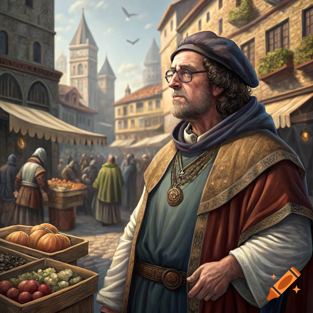 A man in medieval clothing stands in a bustling market square.