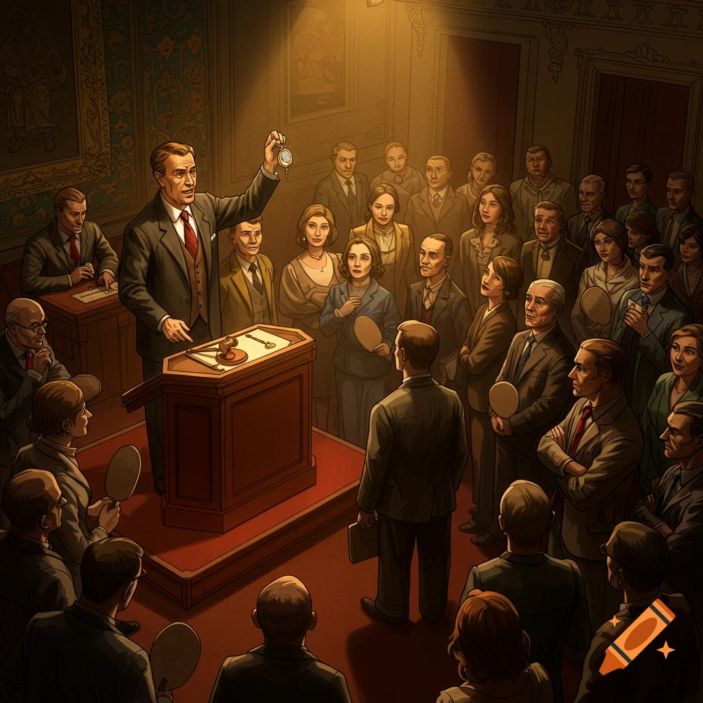 An auctioneer shows an item to a large audience in a room.