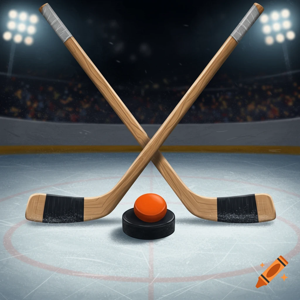 Crossed hockey sticks with a puck and orange ball on an ice rink under stadium lights.