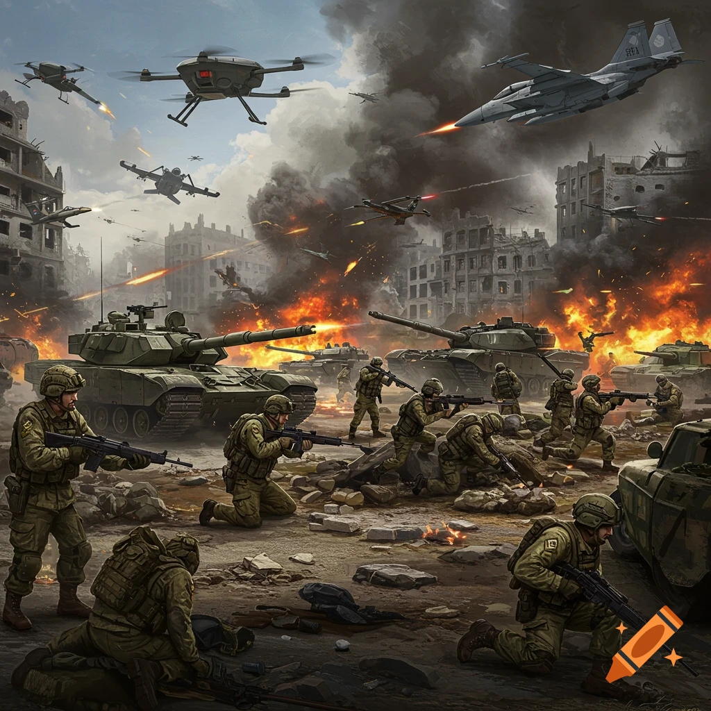 Chaotic urban battle with soldiers, tanks, jets, and drones.