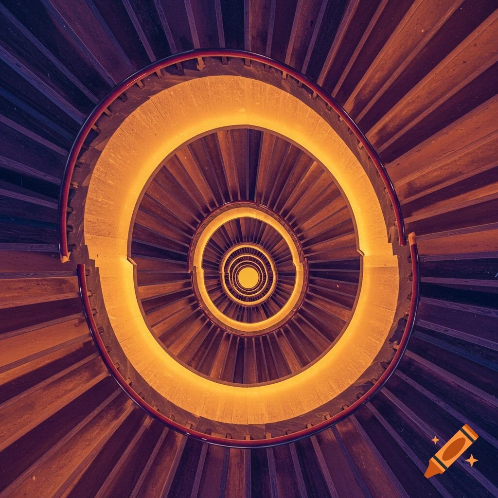 Top-down view of a wooden spiral staircase appearing to go infinitely inwards and outwards, illuminated by a warm orange glow.