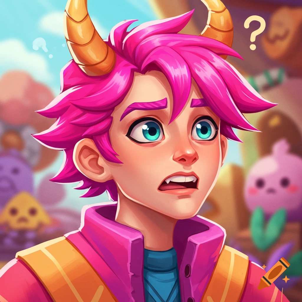 Confused character with pink hair and horns in a fantasy setting.