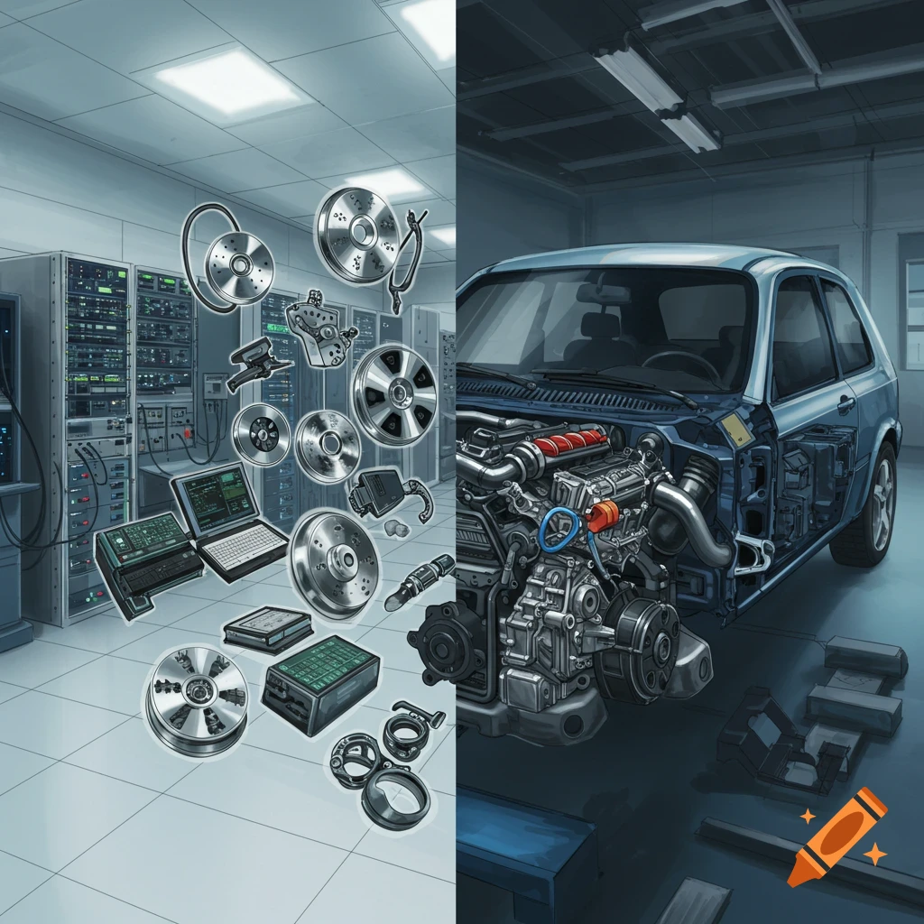 Illustration of a split scene, showing a server room with computer parts on the left and an auto shop with a cutaway car and car parts on the right.