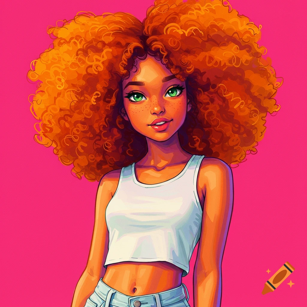 A portrait of a young woman with vibrant orange curly hair and striking green eyes. She is wearing a white crop top and is positioned against a soft pink backdrop.
