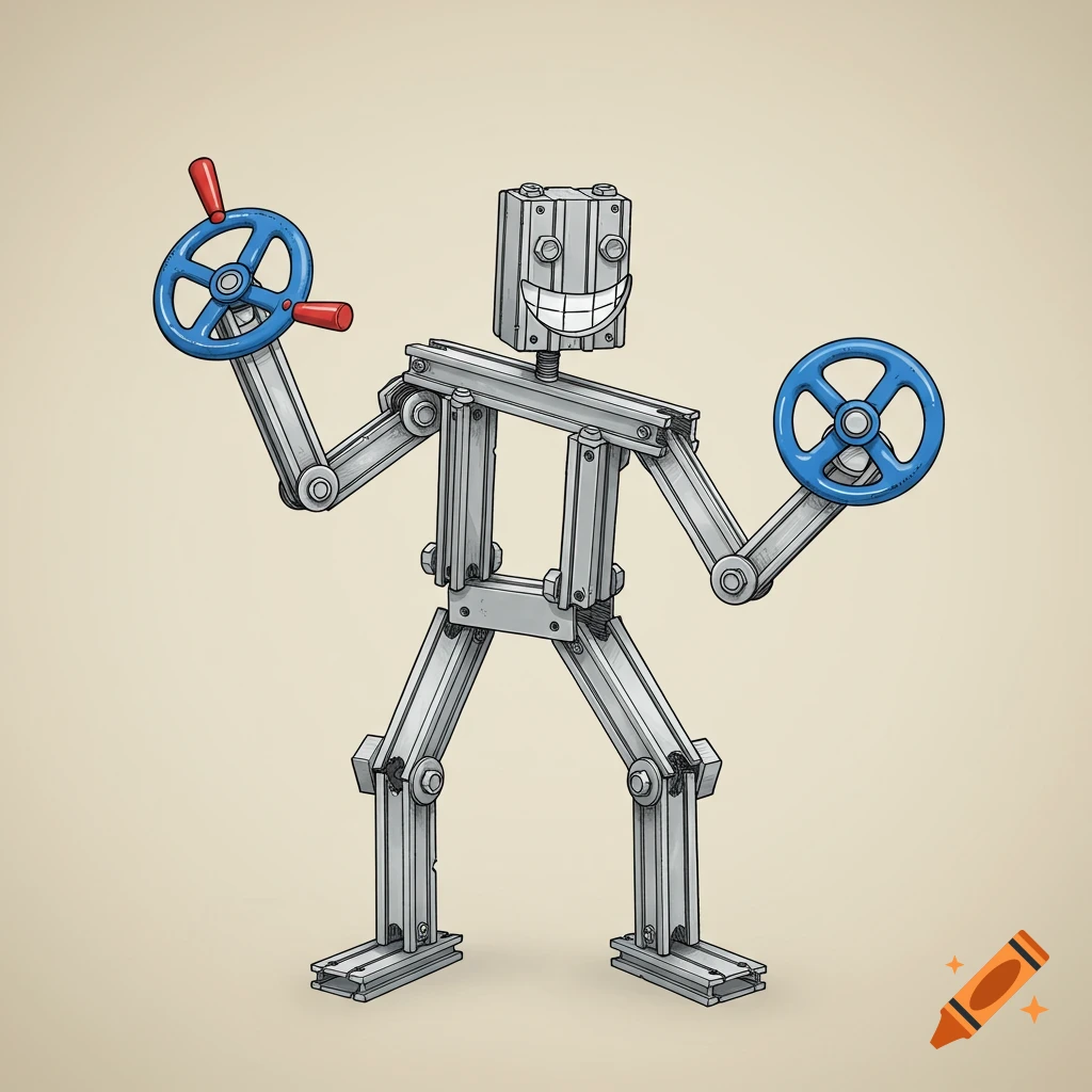 Illustration of a figure made of metal T-slot framing and handwheels, smiling.