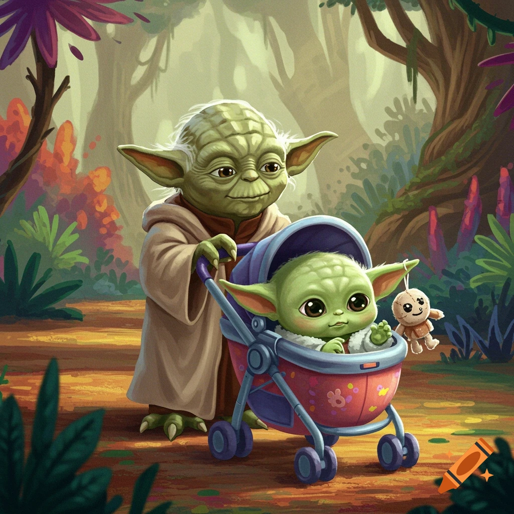 Yoda pushes baby Yoda in a stroller through a colorful forest in a cartoon style.