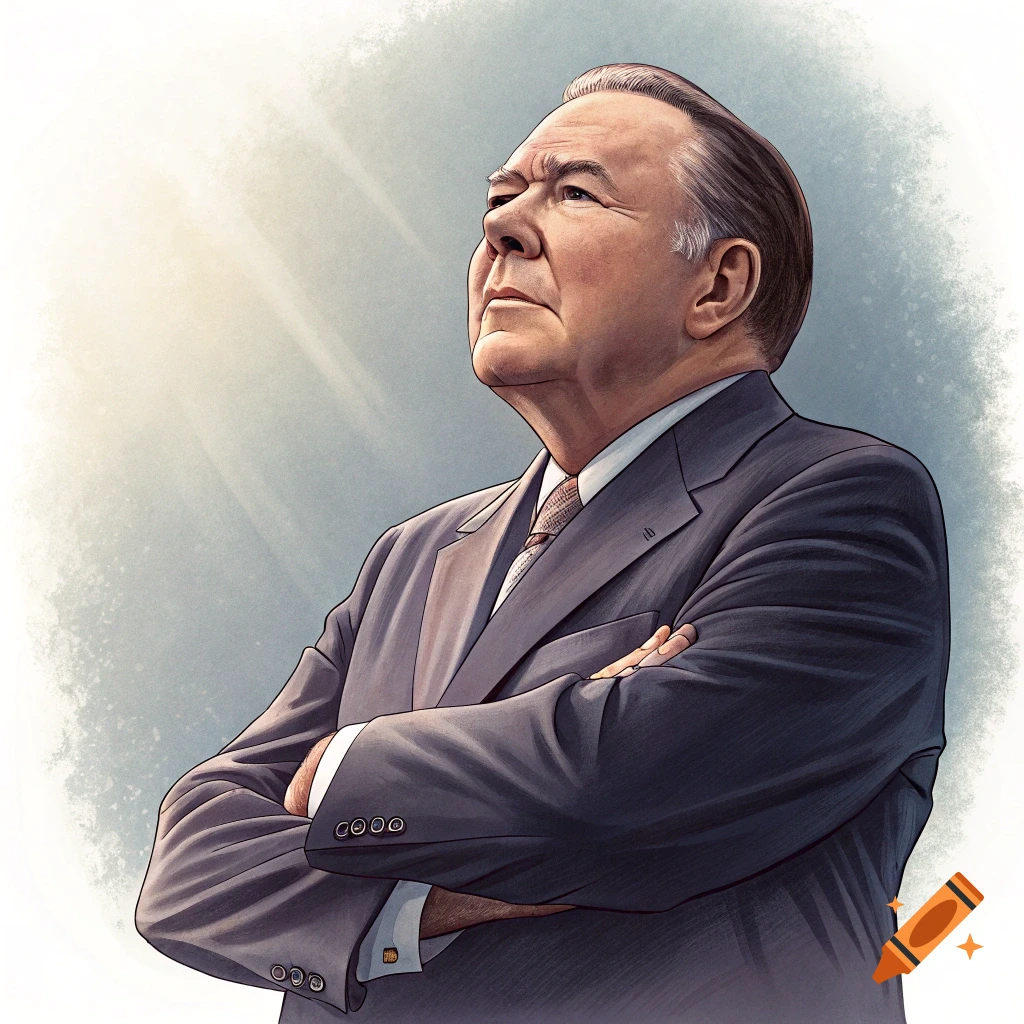 Illustrative portrait of a man in a suit with arms crossed, looking upward