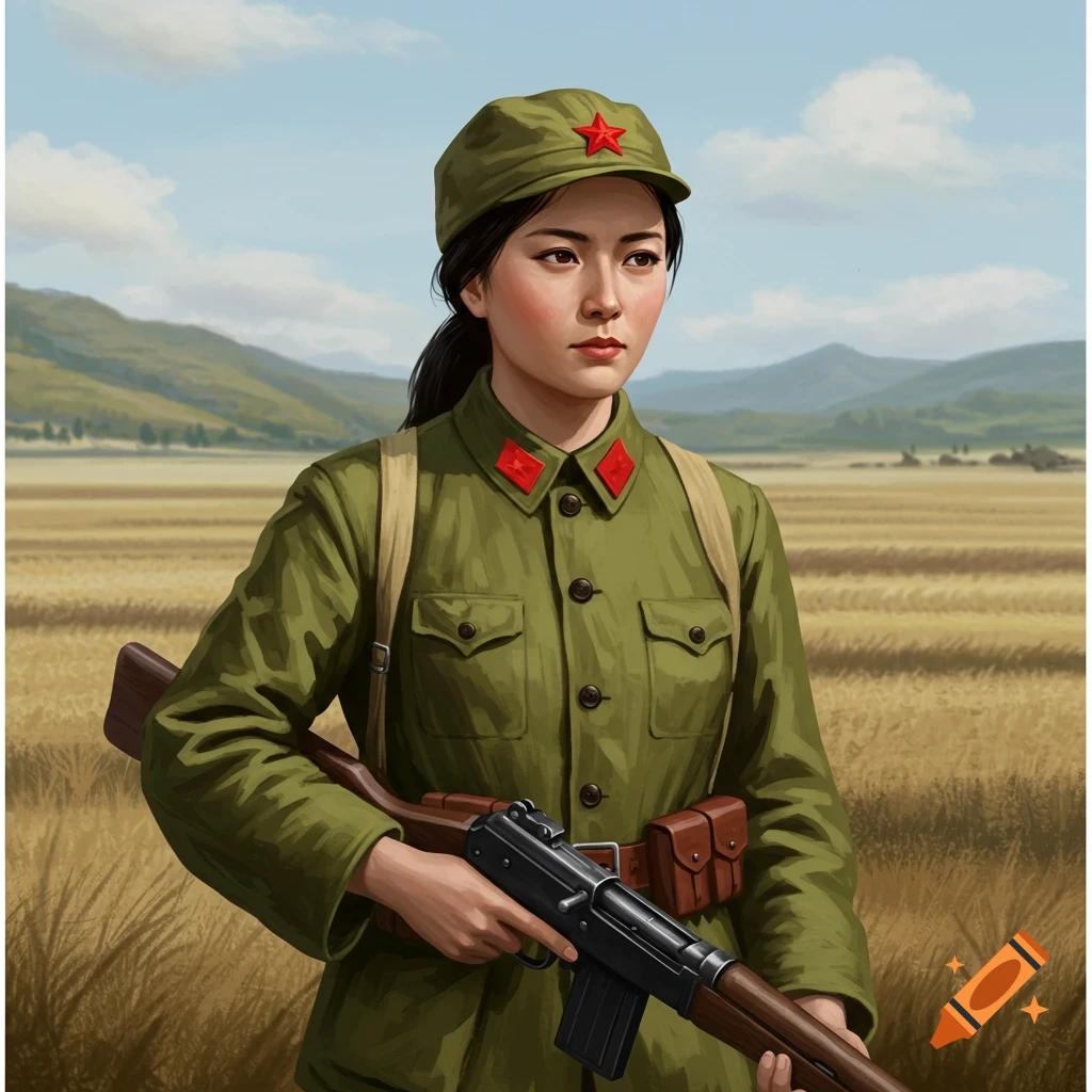 A Chinese woman soldier in uniform holding a rifle in a field.