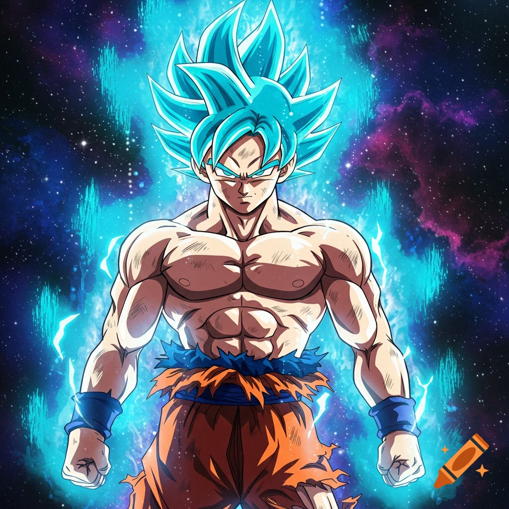 Anime character Goku with blue hair and blue aura against a space background