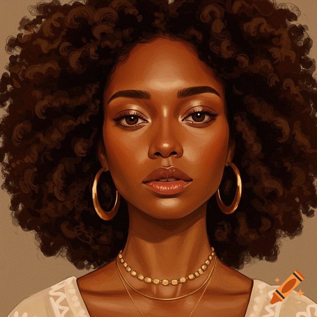 Portrait of a woman with curly hair and jewelry