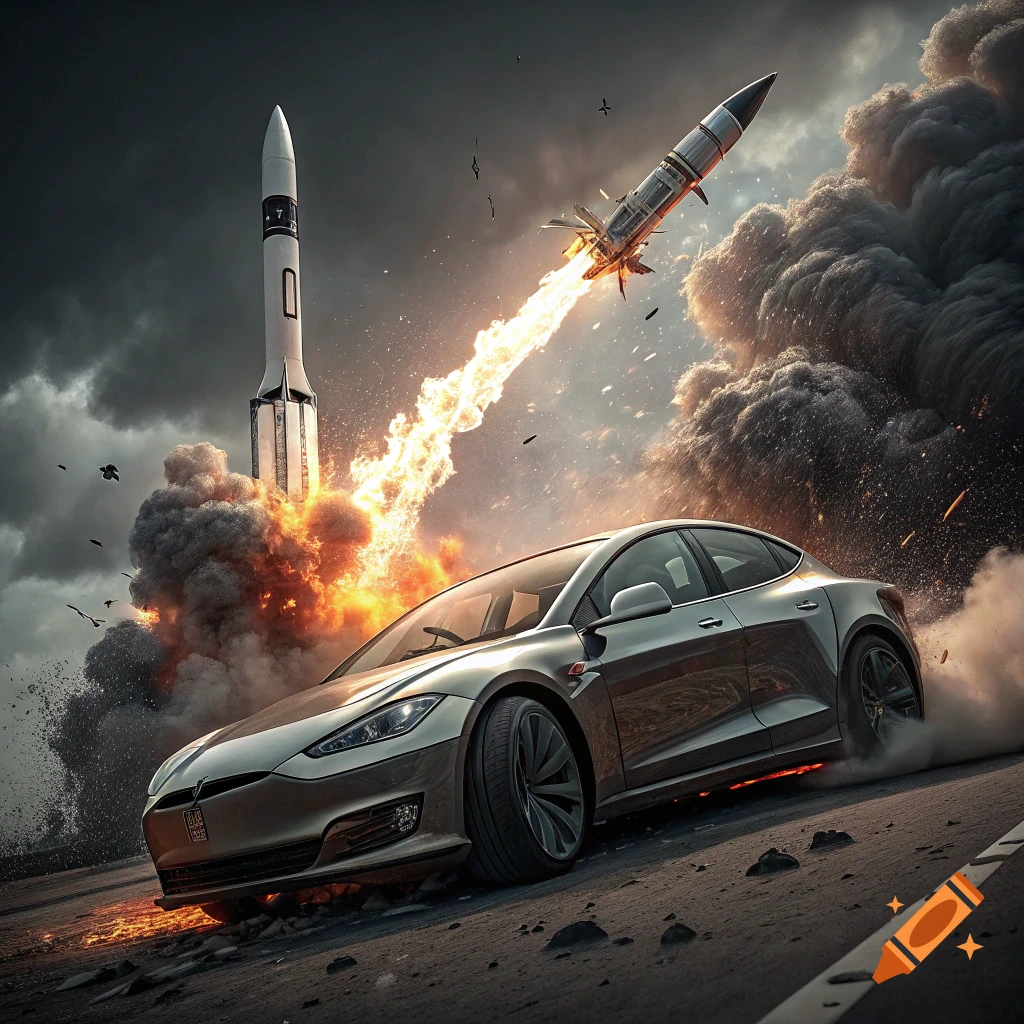Silver Tesla car on a road with rockets launching and crashing amid explosions and smoke.