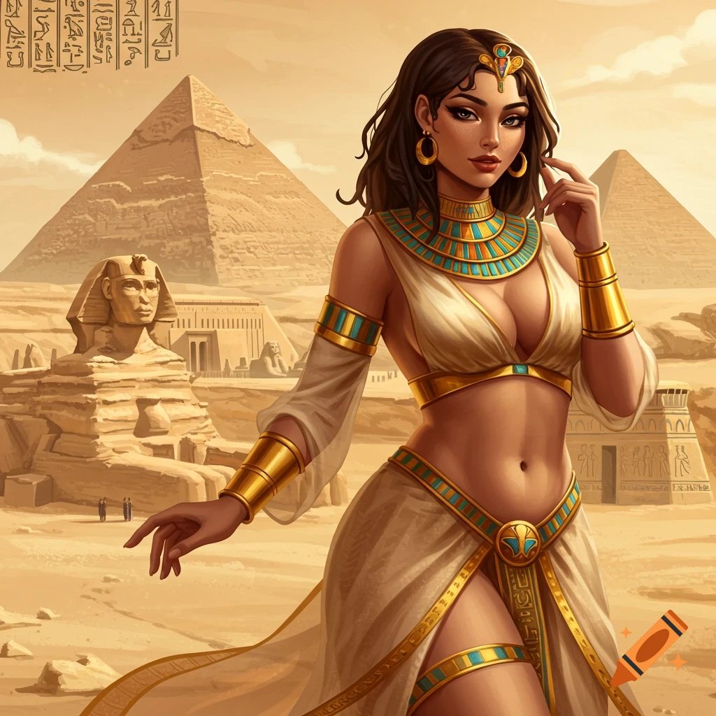 A woman in ancient Egyptian dress stands in the desert with pyramids and the Sphinx in the background.
