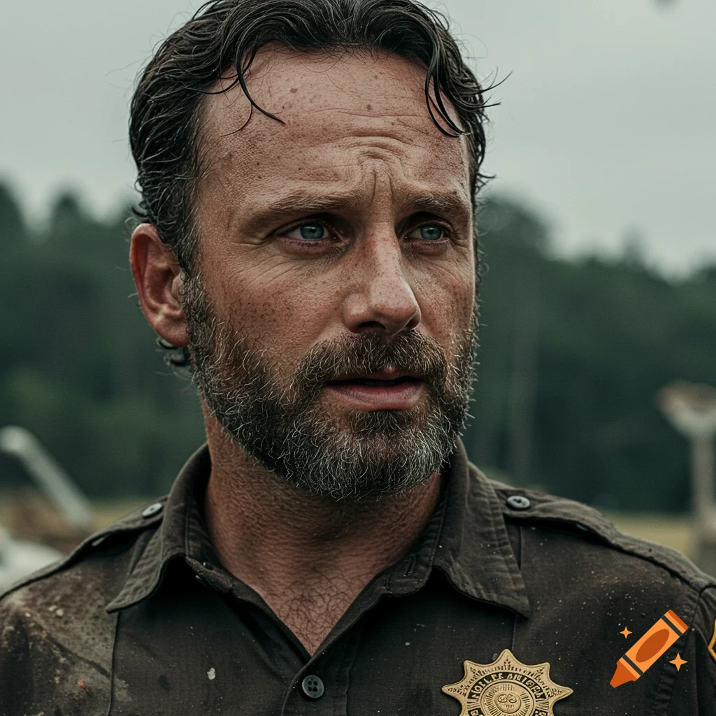 Close-up photorealistic portrait of a man with a beard and sheriff's badge looking slightly upwards.