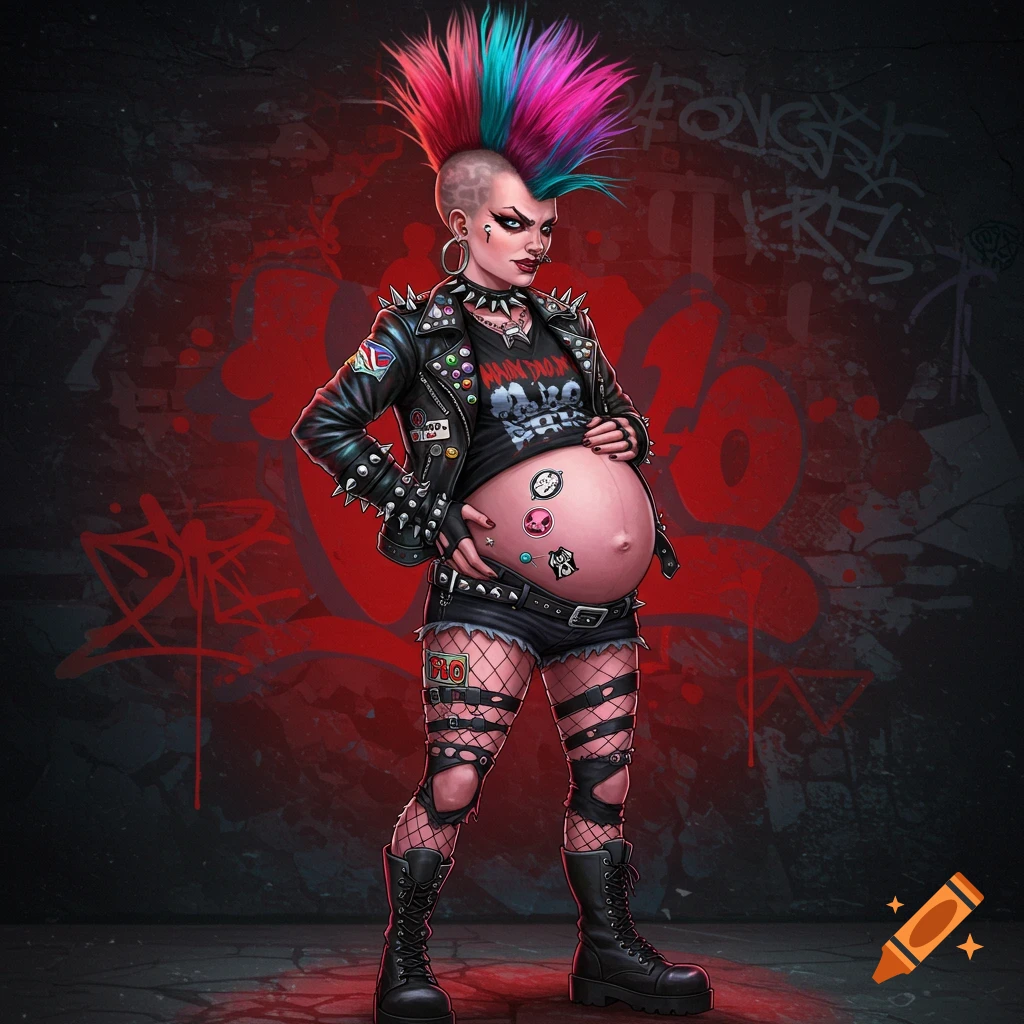 A pregnant woman with a vibrant punk rock mohawk, leather jacket, fishnets, and boots, standing against a graffiti wall.