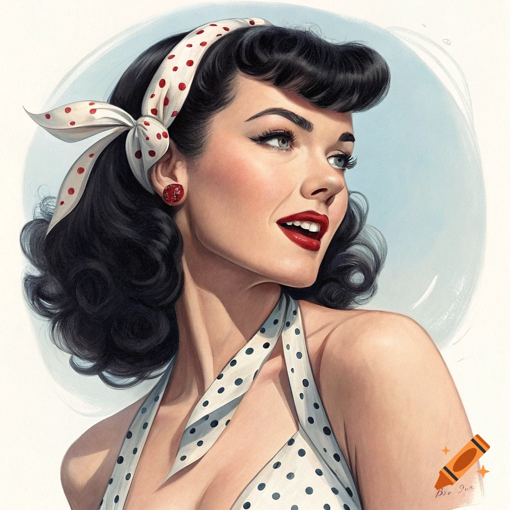 Illustration of a woman in pin-up style wearing a polka dot swimsuit and headscarf.
