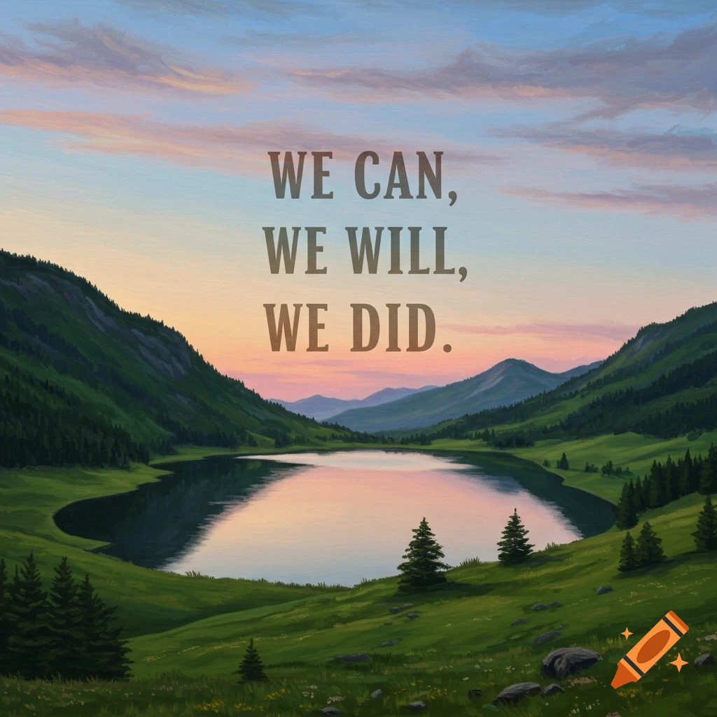 A mountain lake at sunset with the text "WE CAN, WE WILL, WE DID" overlayed.