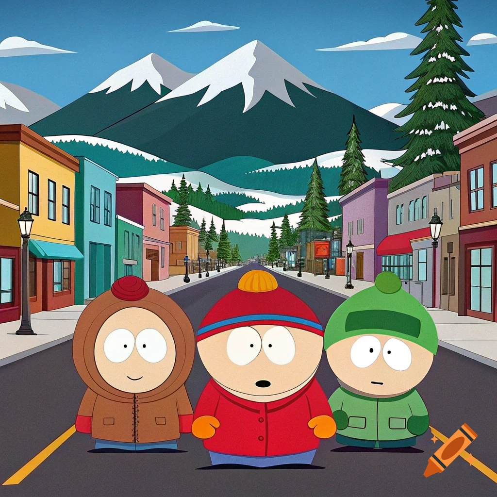 Three South Park characters stand on a street in a town with mountains in the background.