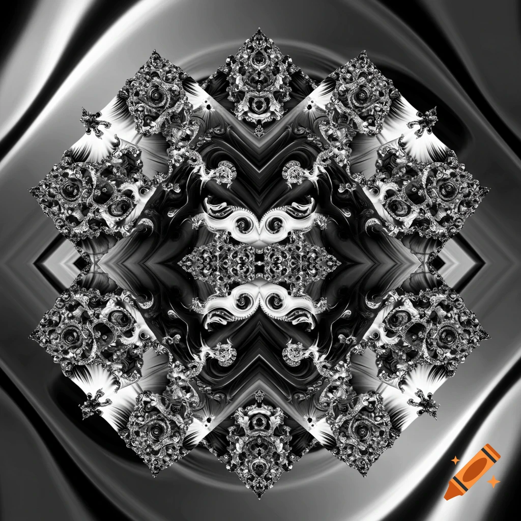A complex black and white abstract psychedelic fractal diamond pattern.