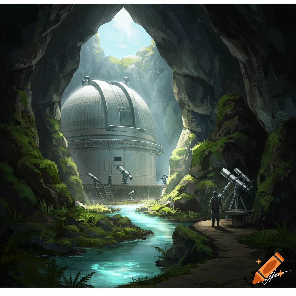 An observatory inside a cave with a creek and figures looking through telescopes.