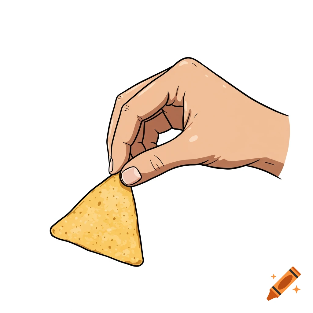 Vector illustration of a hand holding a tortilla chip.