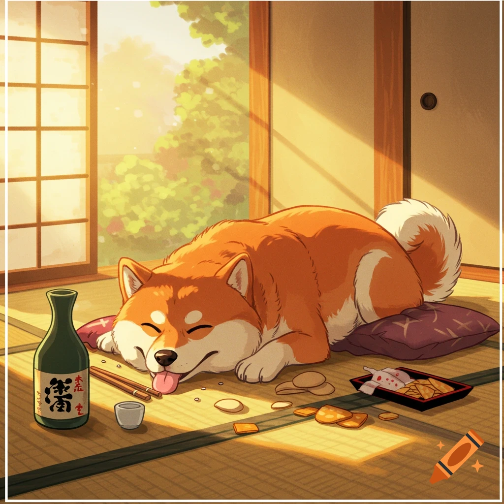 A cute Shiba Inu dog sleeping on a tatami mat next to a sake bottle, Studio Ghibli style.