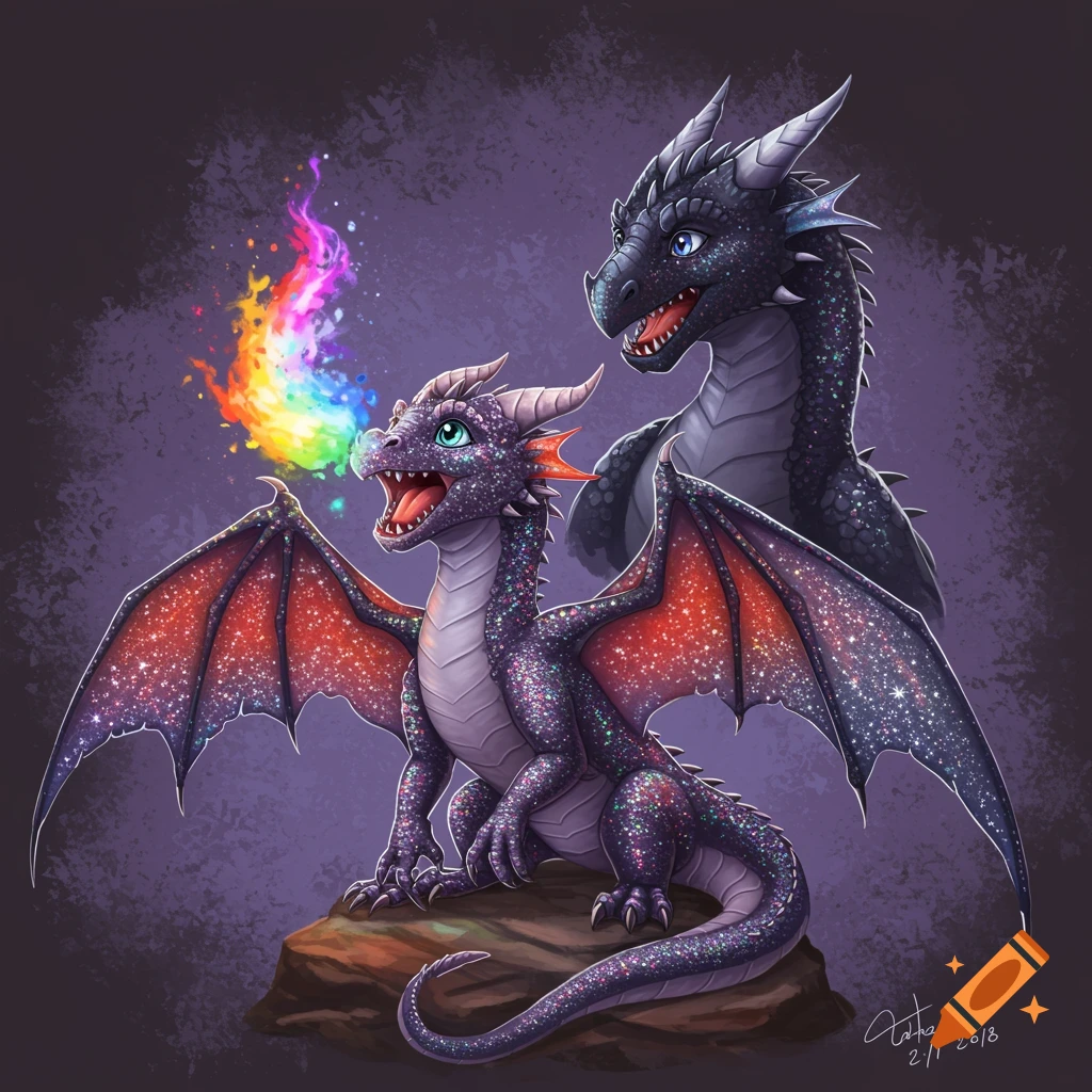 A small glittery purple dragon breathing rainbow fire with a larger dark grey dragon behind it.