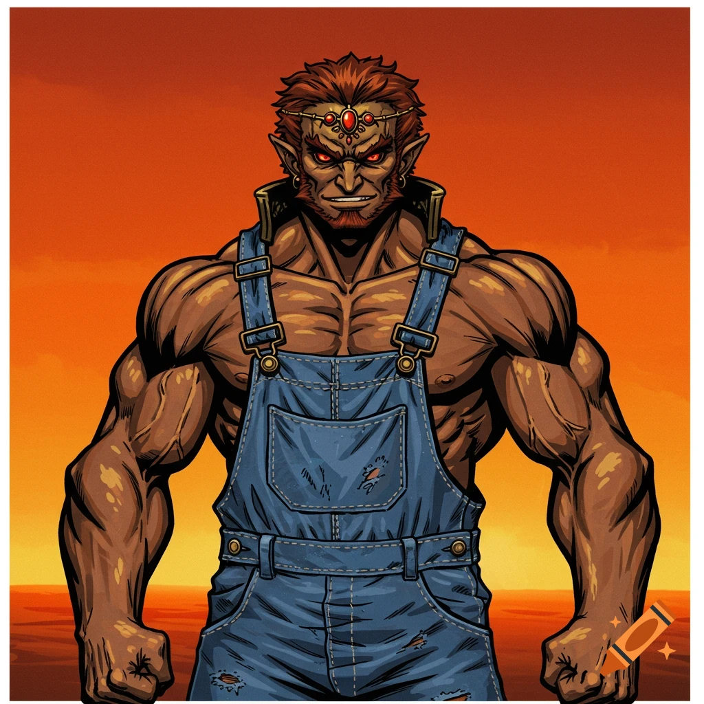 Muscular fantasy character resembling Ganondorf wearing denim overalls.