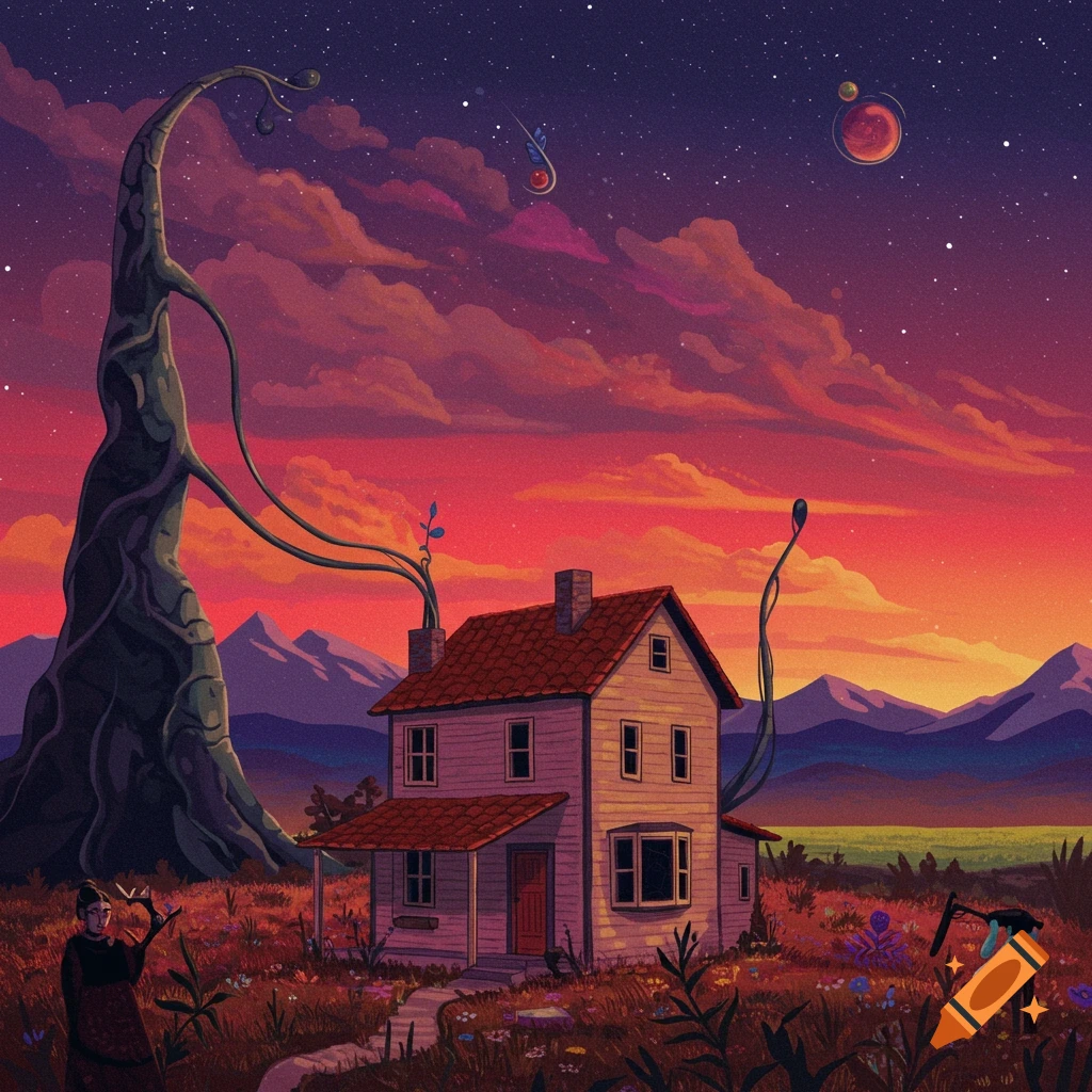 Surreal image of a house and giant strange plant in a field with two planets in the vibrant, starry sky.