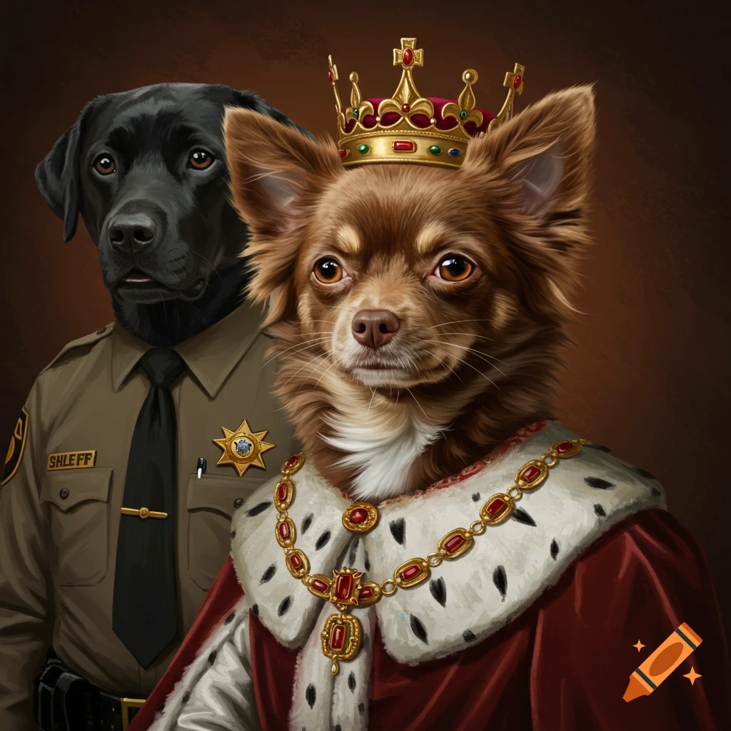 A digital portrait of a black labrador in a sheriff uniform and a long-haired chihuahua in king's robes and a crown.