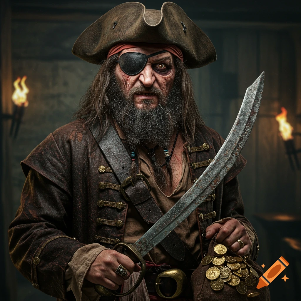 Photorealistic portrait of a creepy pirate with an eyepatch, holding a saber and a bag of gold coins.