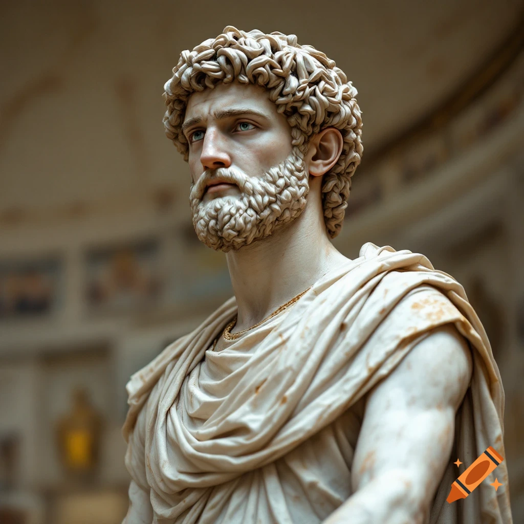Marble sculpture of a man in a toga looking up, in a museum.