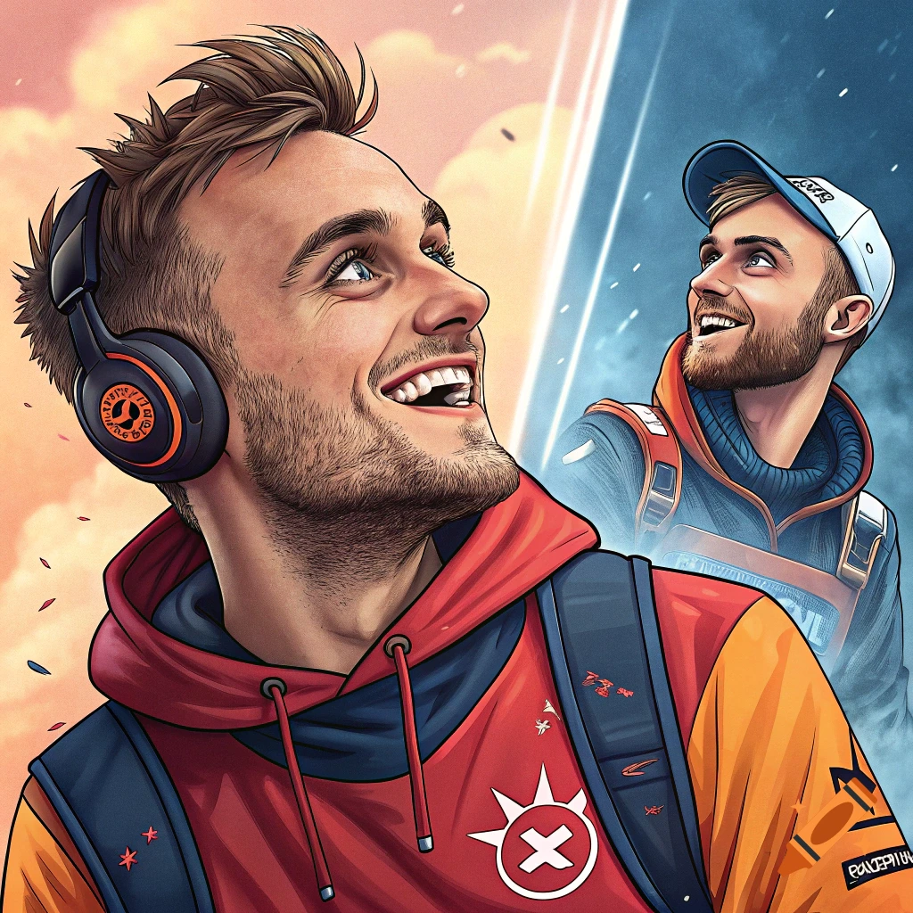 Stylized illustration of two men with backpacks and headphones looking up and smiling.