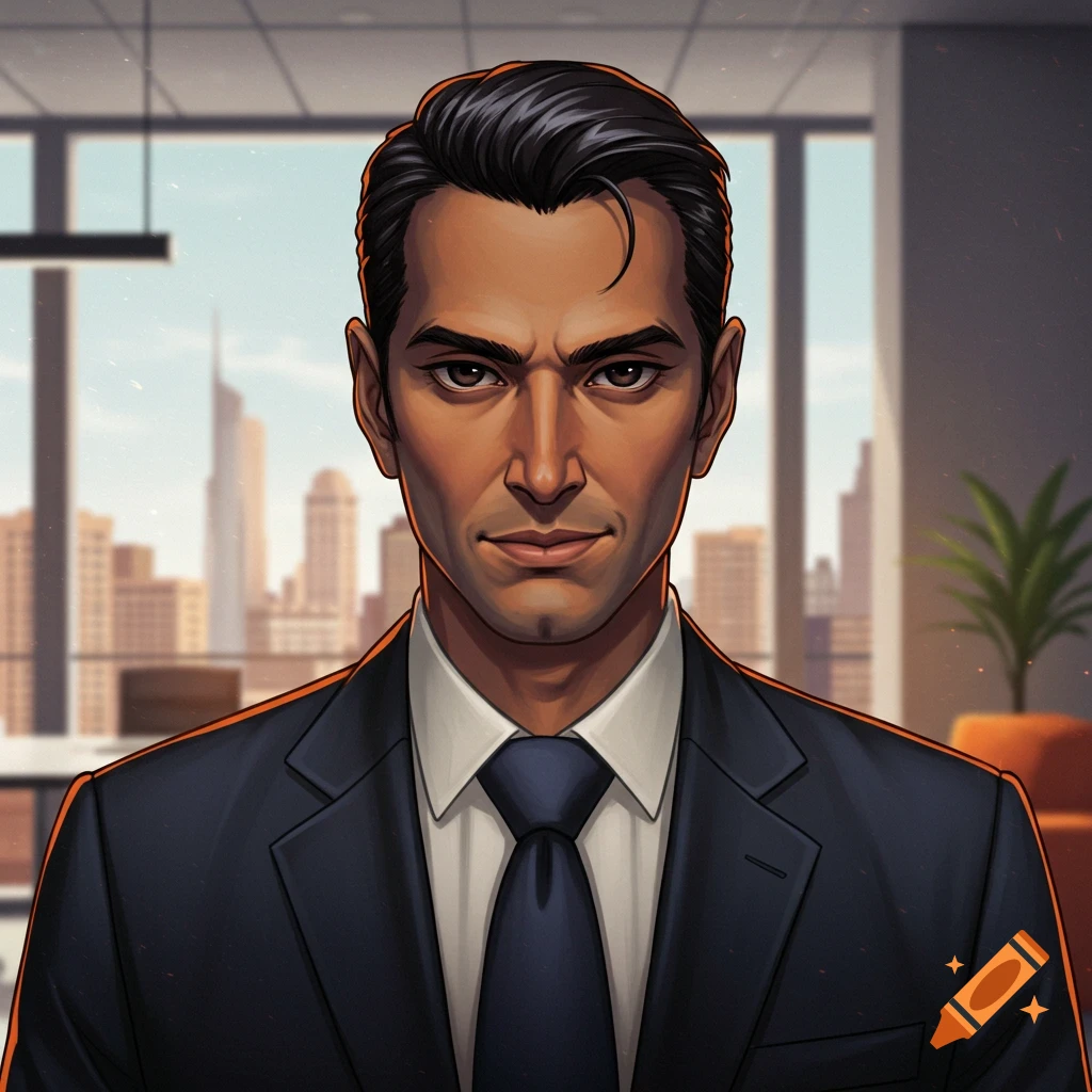 Portrait of a man in a suit in an office with city view, in a stylized art style.