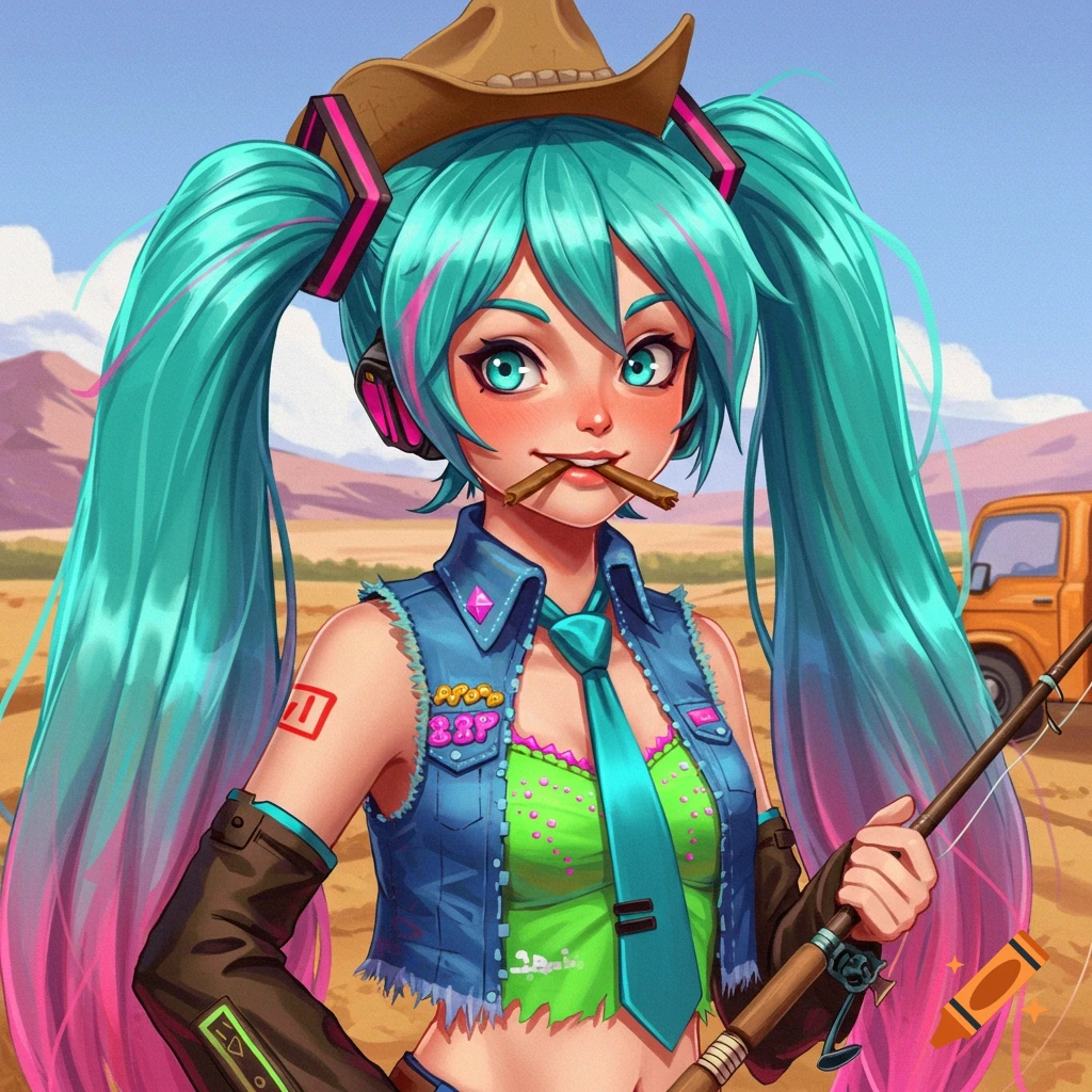 Anime girl Hatsune Miku in a cowboy hat and vest, holding a fishing rod in a field.