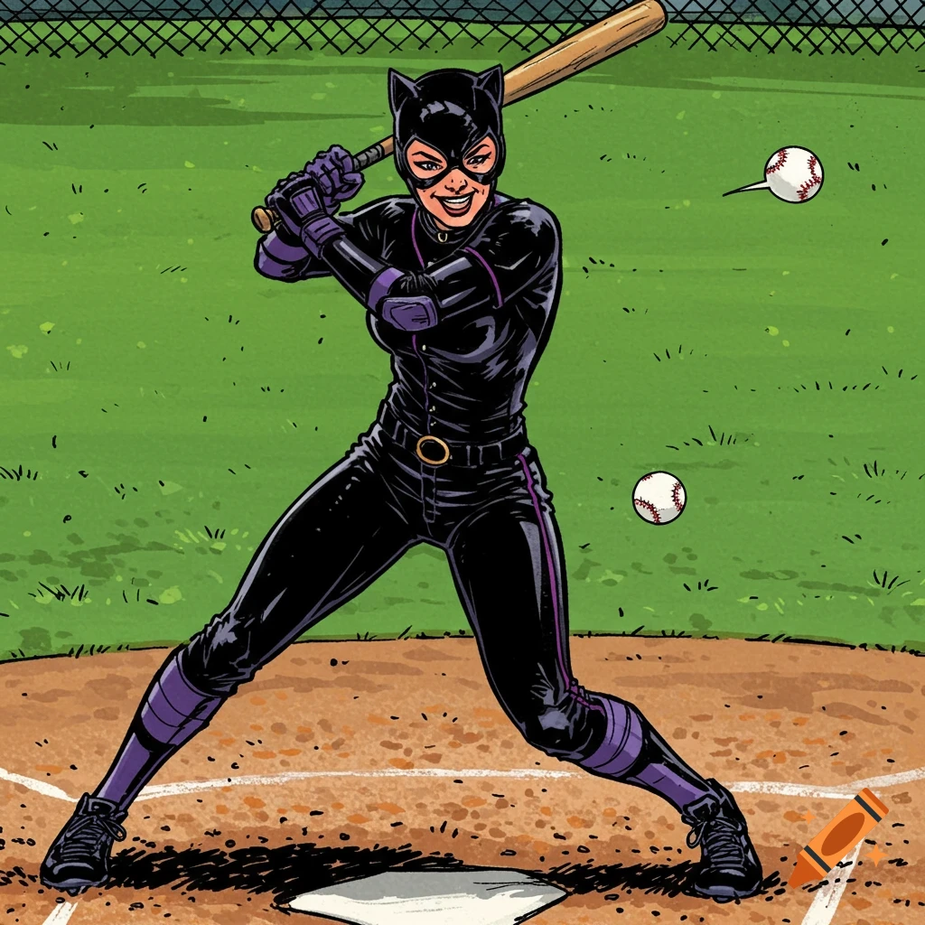 Catwoman swings a baseball bat on a field in comic book style.