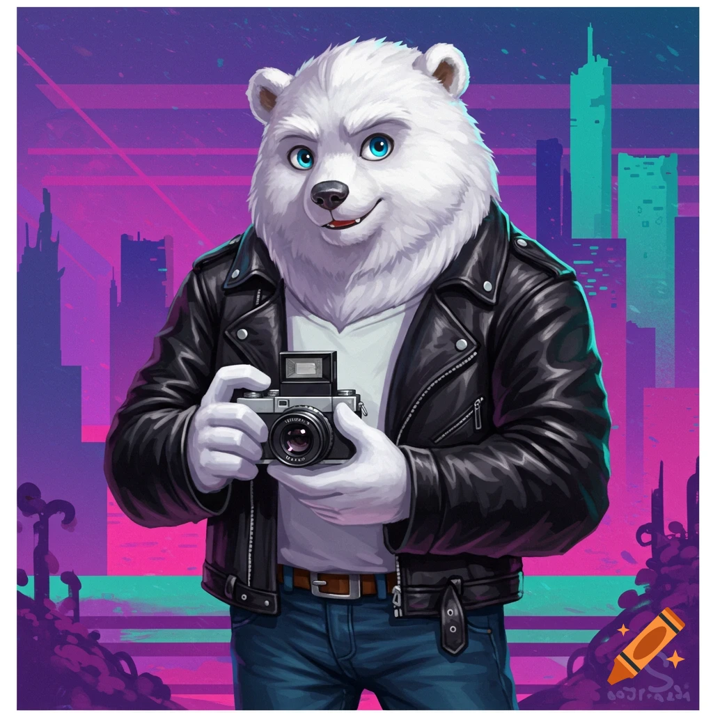 An anthropomorphic polar bear wearing a leather jacket and jeans is holding a camera in front of a futuristic city skyline.