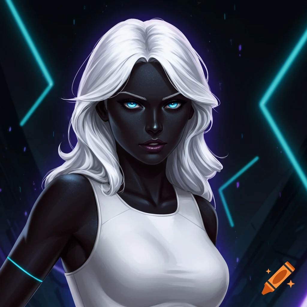 A dark-skinned woman with white hair and glowing blue eyes is wearing a white tank top against a dark neon background.