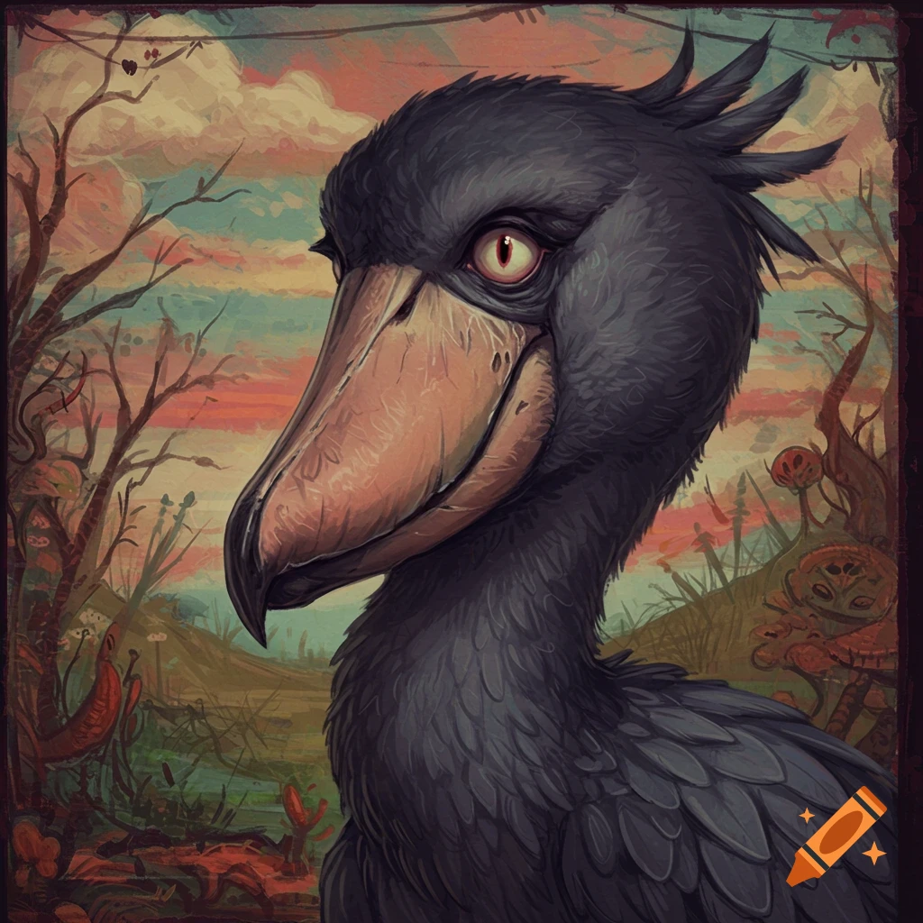 A shoebill stork fursona in a stylized, slightly eerie forest setting.