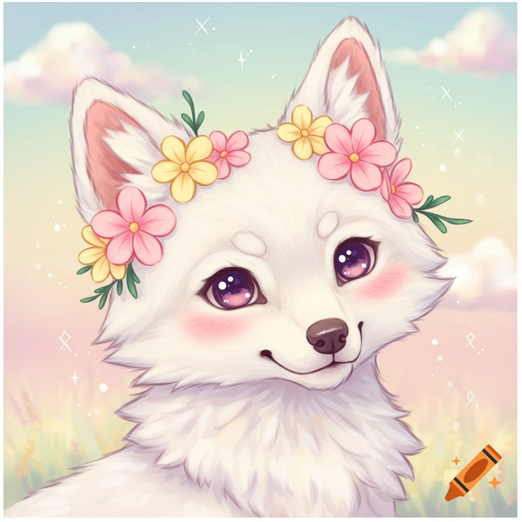 Cute stylized white fox cub with pink and yellow flowers on its head in a pastel field