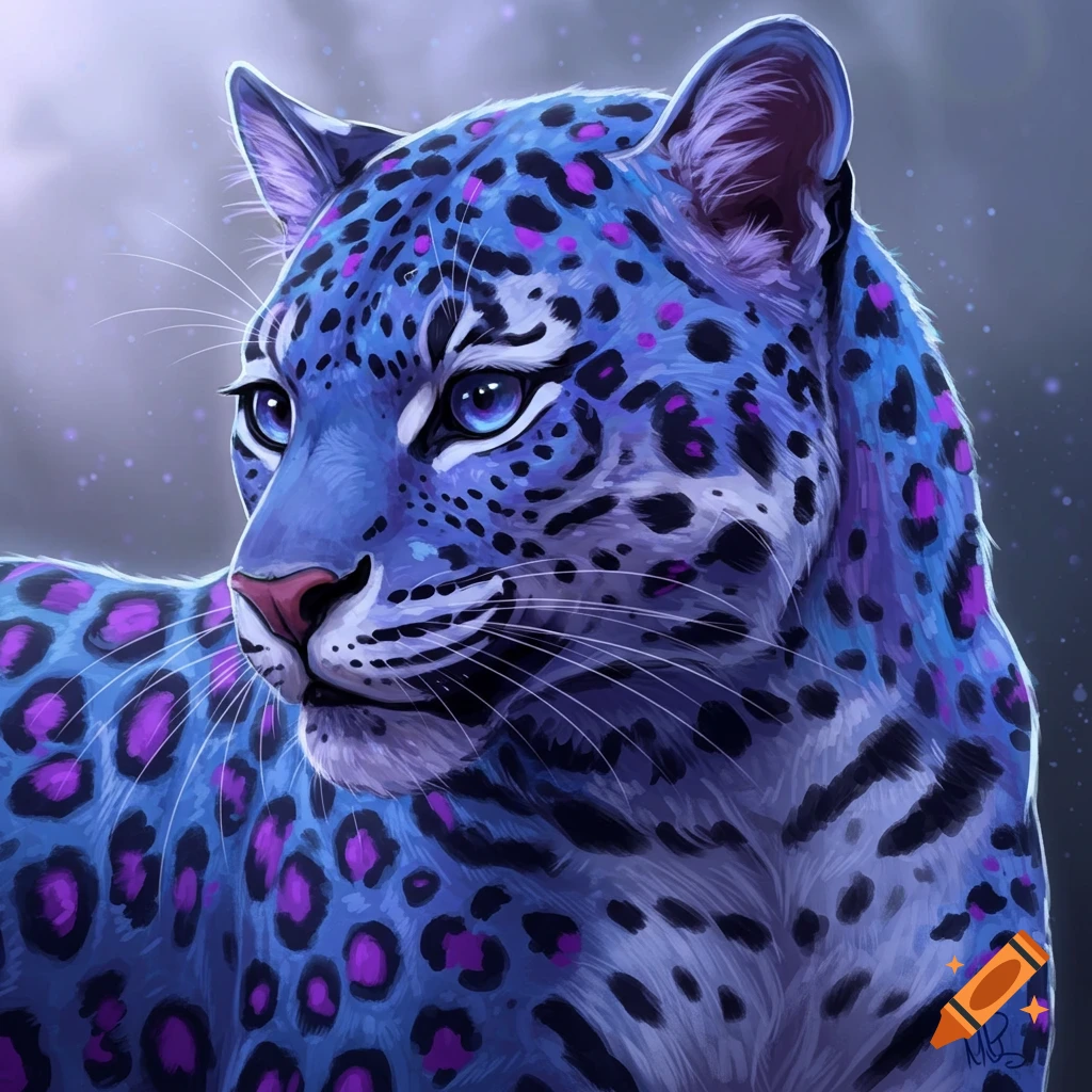 A blue and purple leopard cat looking left