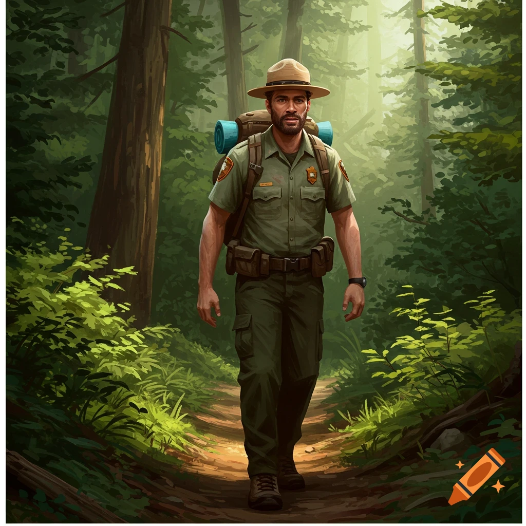 A US National Park ranger walking on a forest trail. on Craiyon
