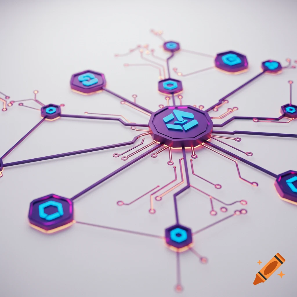 A 3D rendered image of a purple and blue network of hexagonal nodes connected by lines resembling a circuit board.
