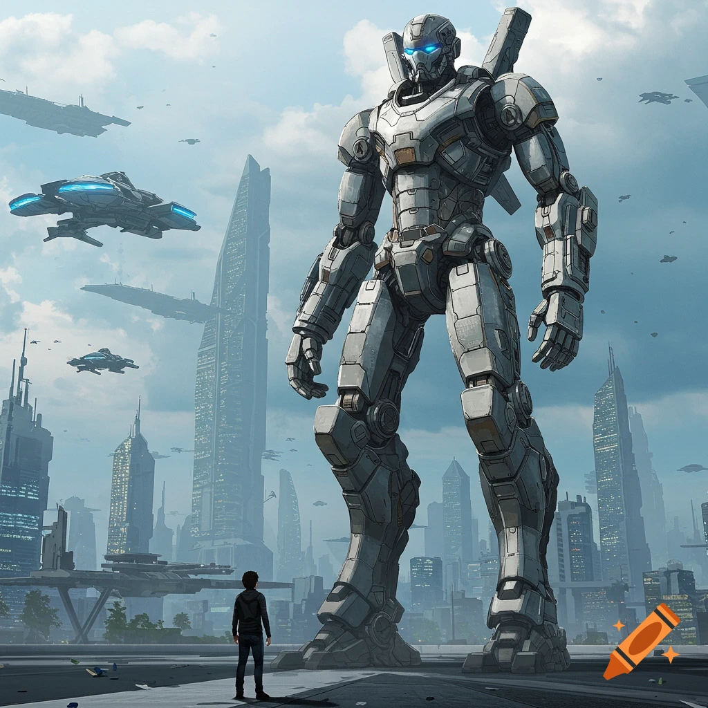 Giant robot stands over a person in a futuristic city with flying ships.