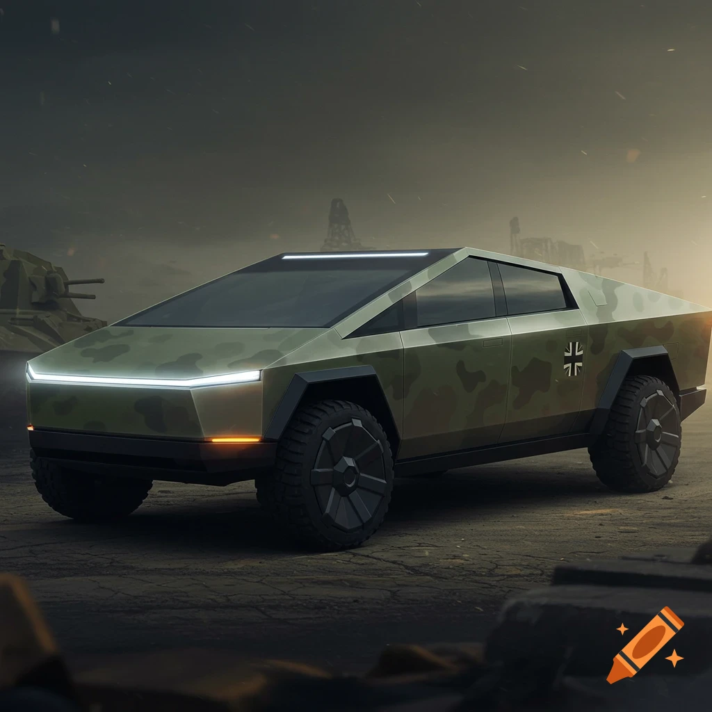 A futuristic Tesla Cybertruck painted with German military camouflage in a ruined battlefield setting.