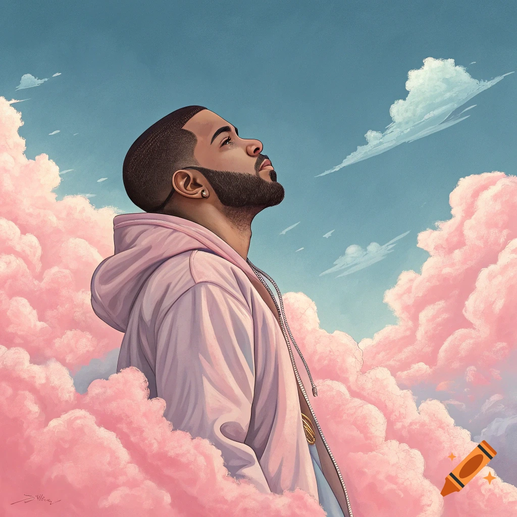 A stylized portrait of Drake looking up, surrounded by pink clouds with a blue sky background.
