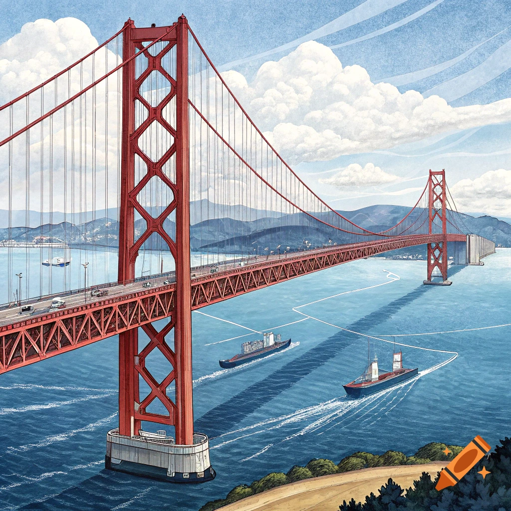 Illustration of a red suspension bridge (Golden Gate Bridge) over blue water with ships, mountains, and clouds.