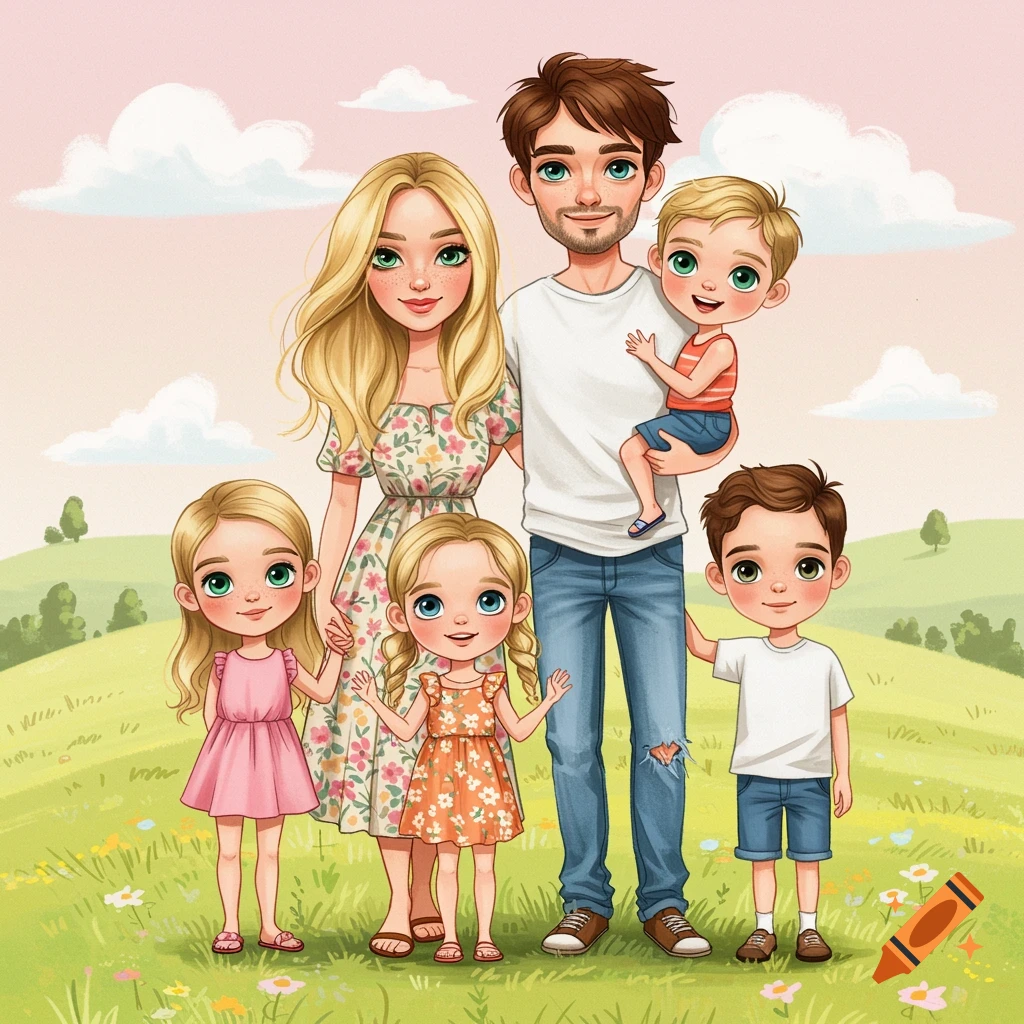 An illustration of a happy family, parents and three children, standing in a grassy meadow.