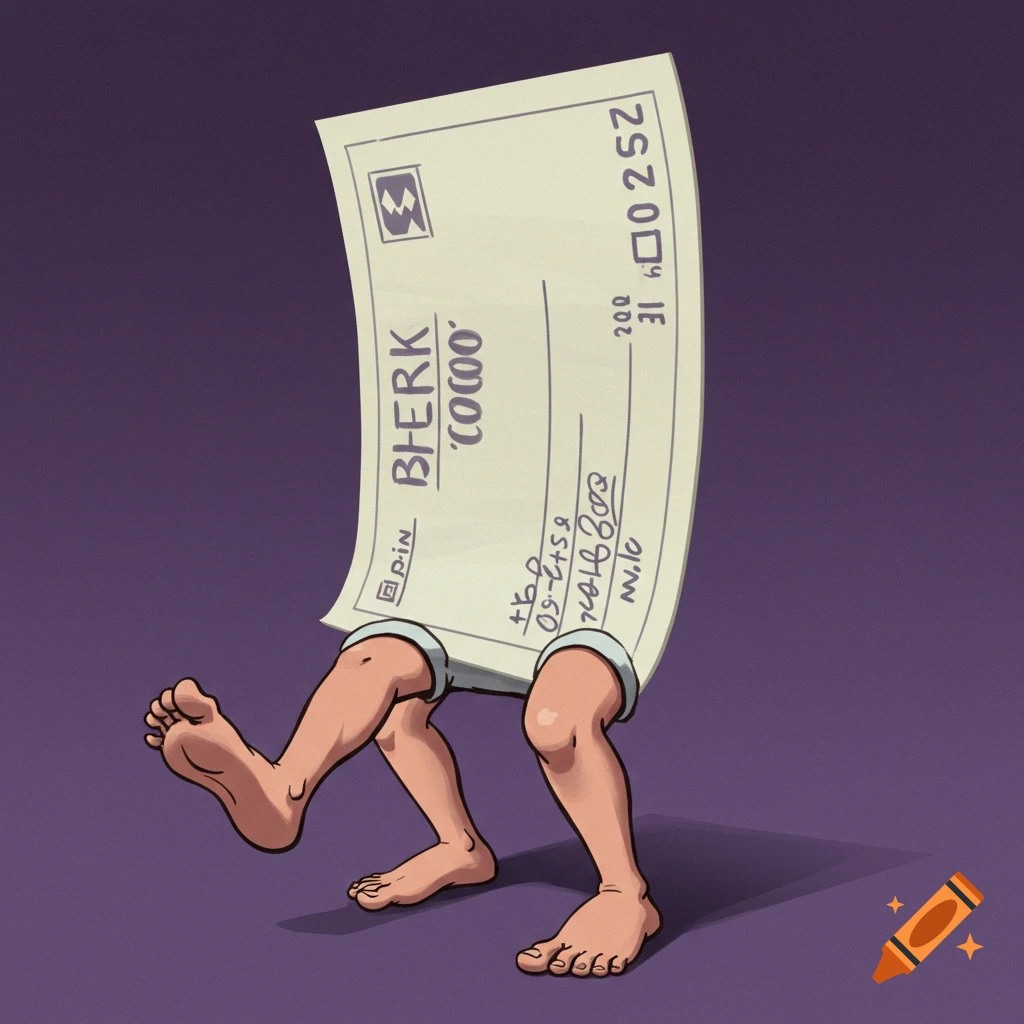 A paper check walking on bare legs and feet