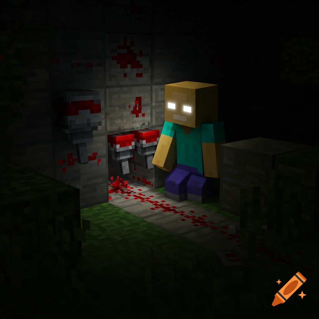 Blocky figure resembling Herobrine in a dark tunnel with a piston mechanism and blood-like spatters.