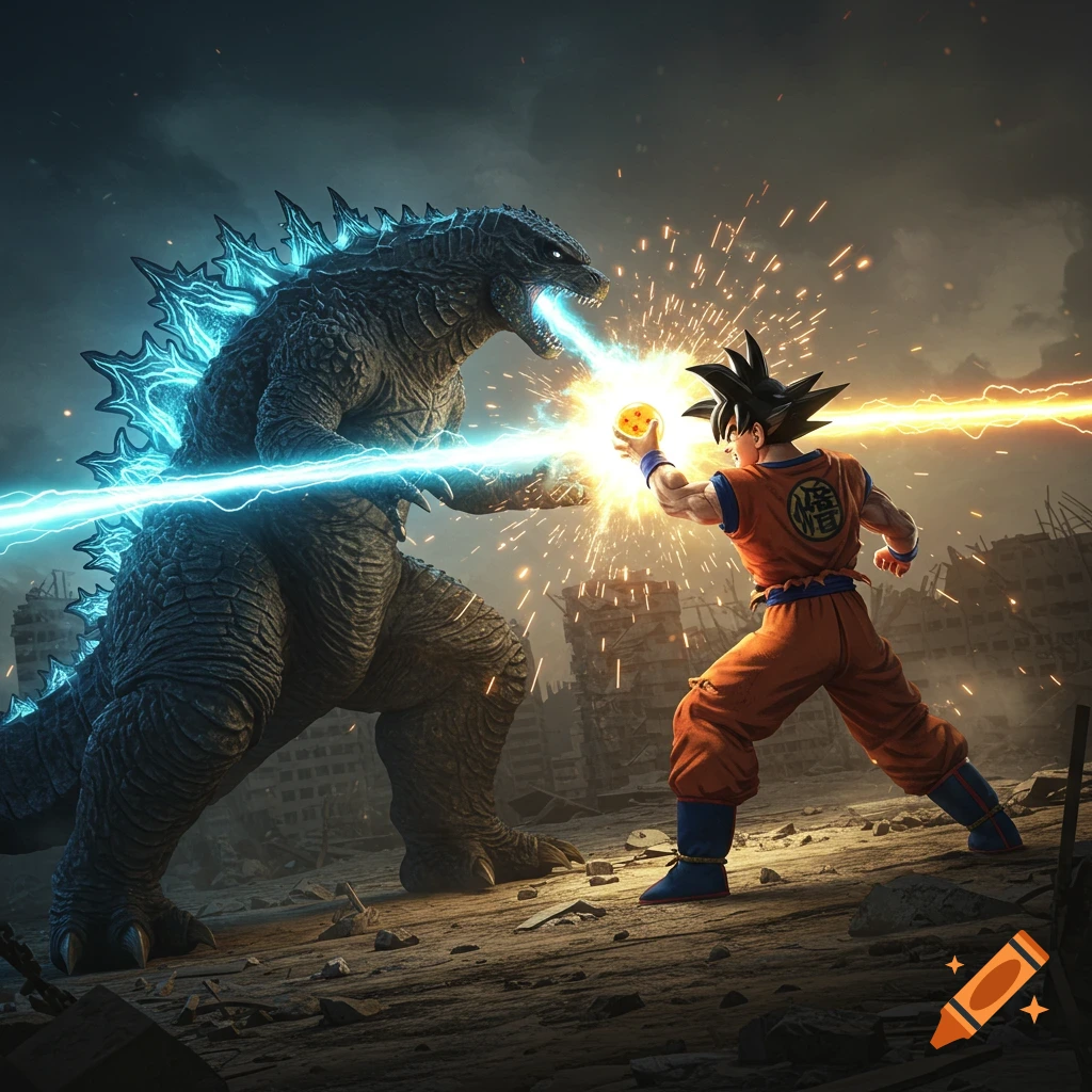 Godzilla and Goku blast energy beams at each other over a Dragon Ball in a ruined city.